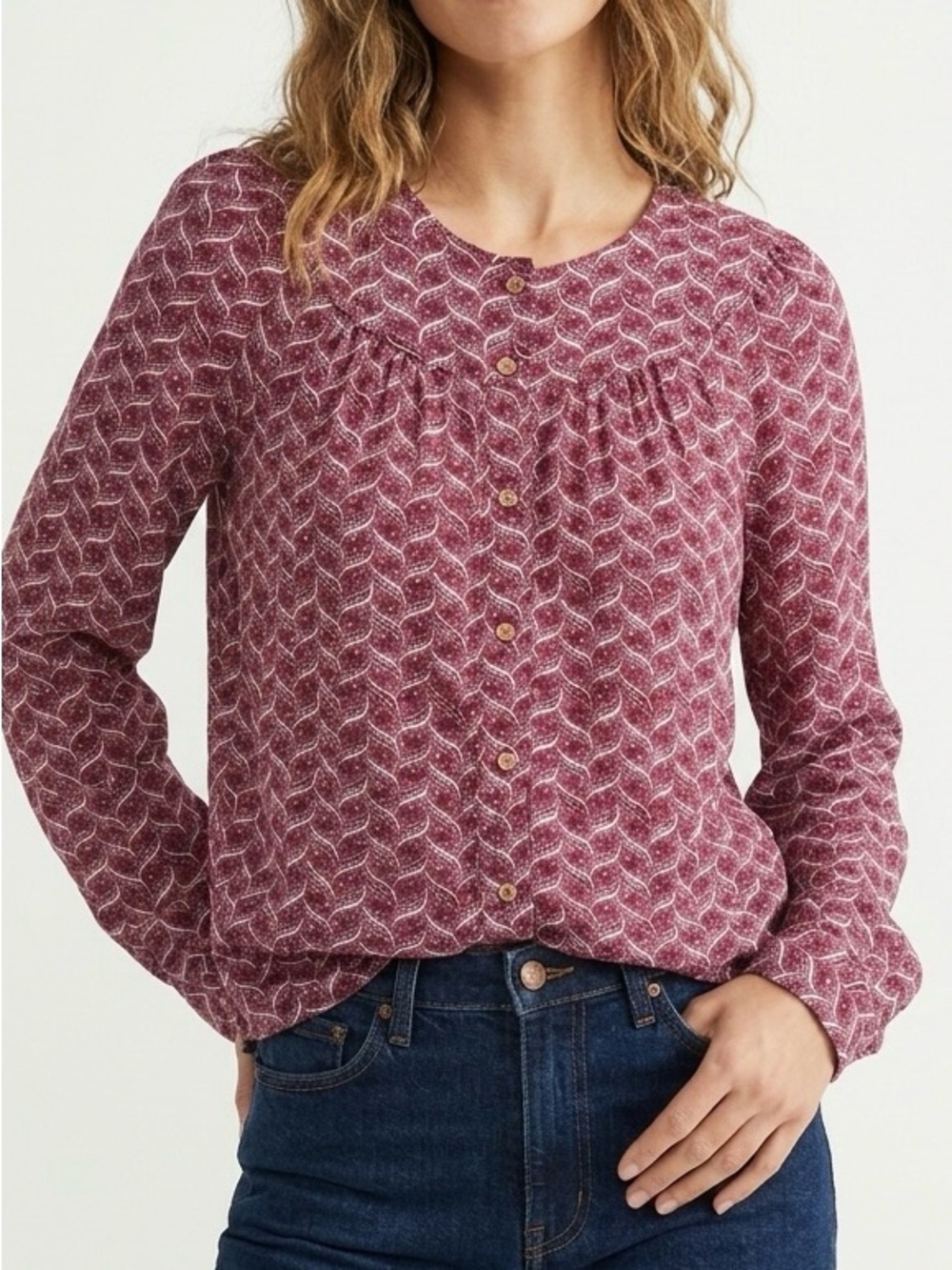 Anthropologie Maeve Orlo Bib Buttondown Blouse XS Berry Red Geometric Boho Top